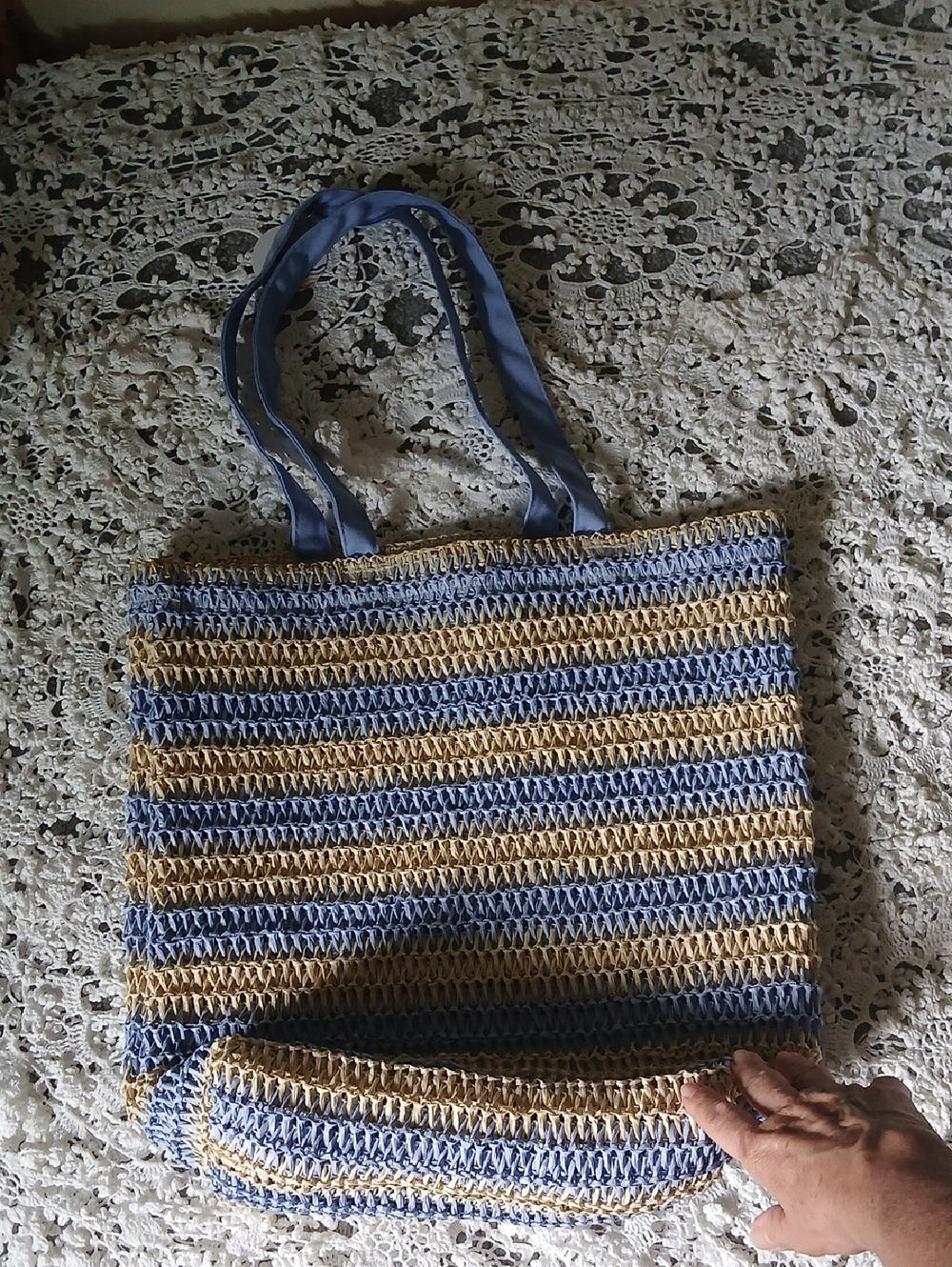Beautiful Blue and Tan Striped Crochet Big Tote Bag